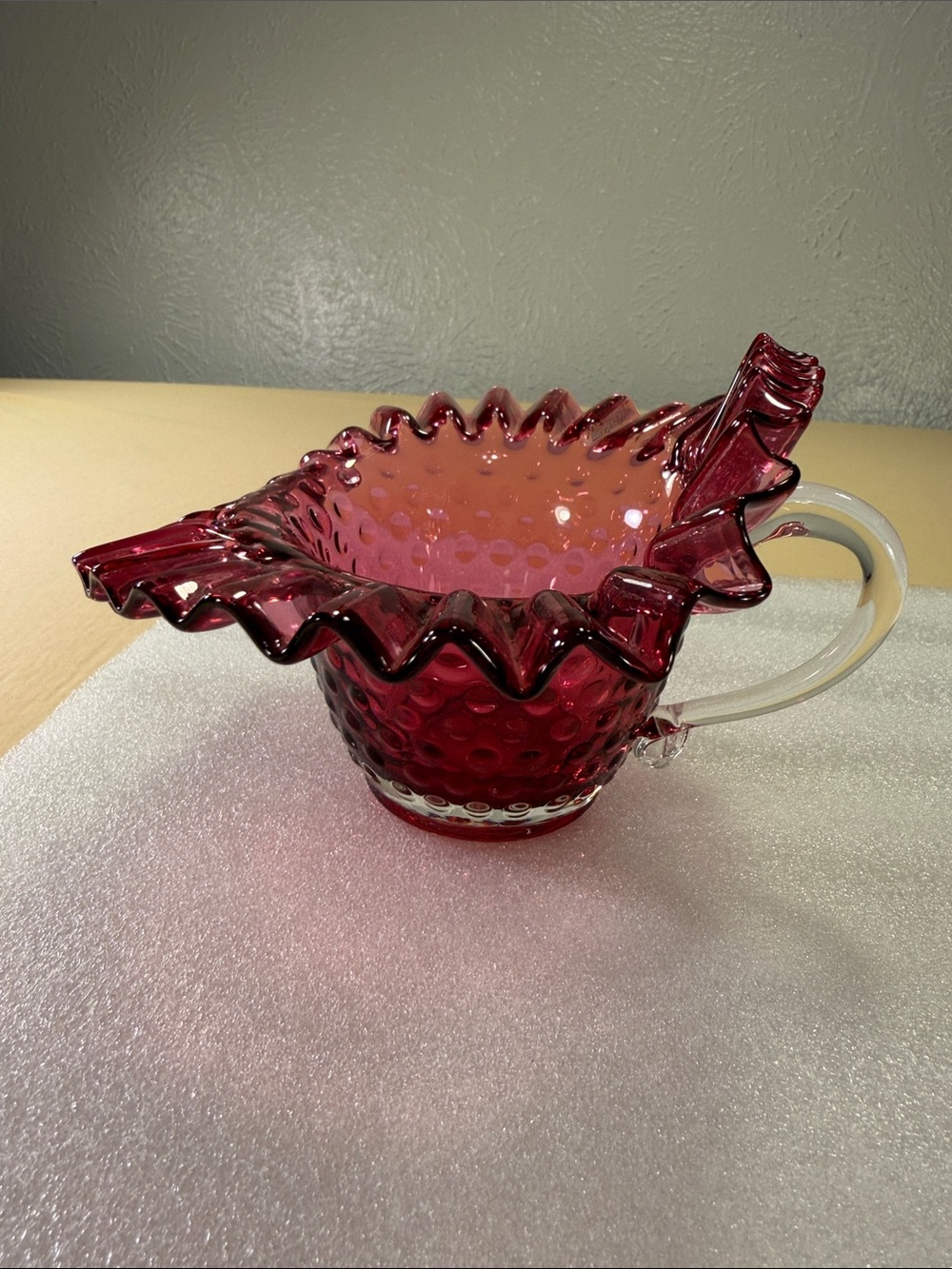 Fenton cranberry hobnail ruffled edge, glass dish